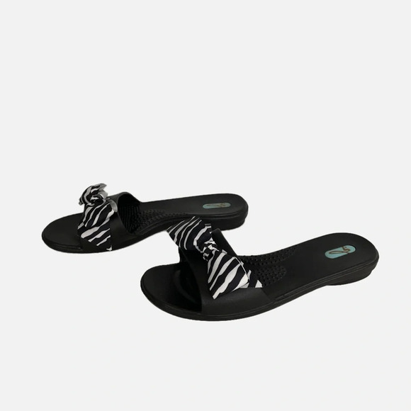 Oka B Black Zebra Bow Rubber Slides Sandals Medium Large ML 8-9 - Picture 2 of 12